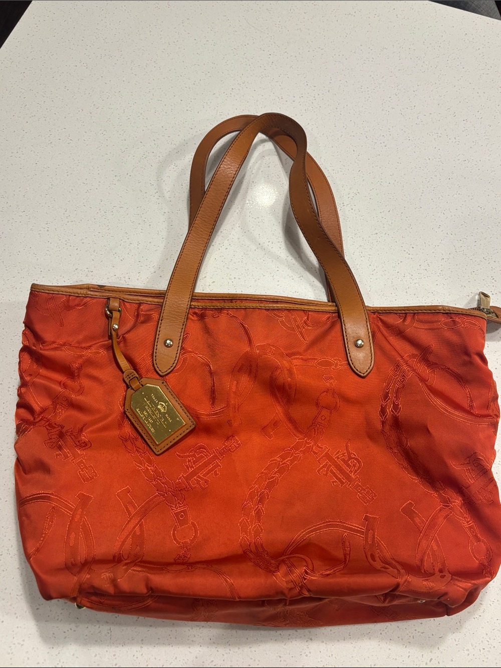 Lauren Ralph Lauren Orange Nylon Jacquard Equestrian Crest Tote Shoulder Bag
